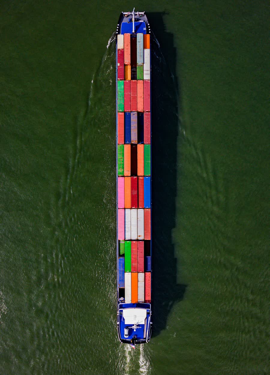 Container vessel under way, seen from above