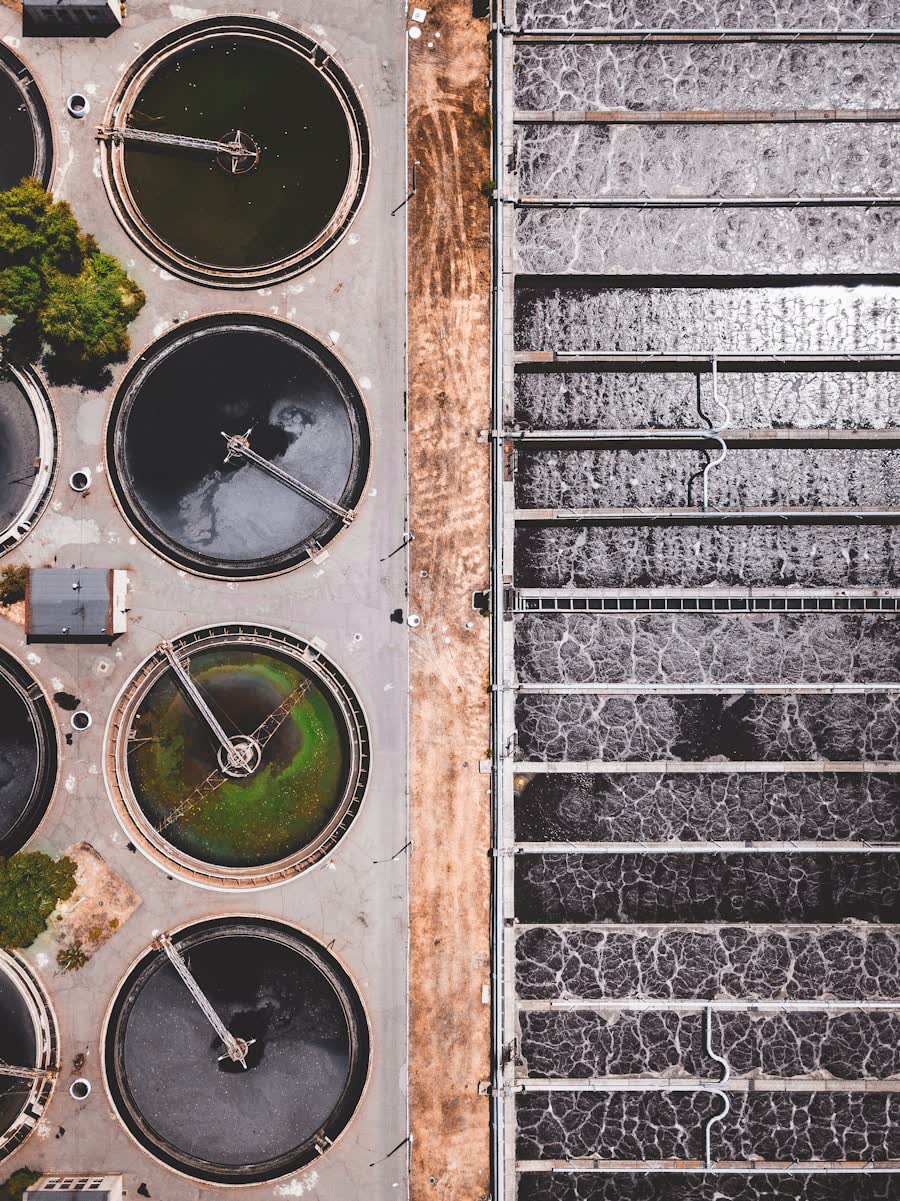 Aerial view of water treatment tanks